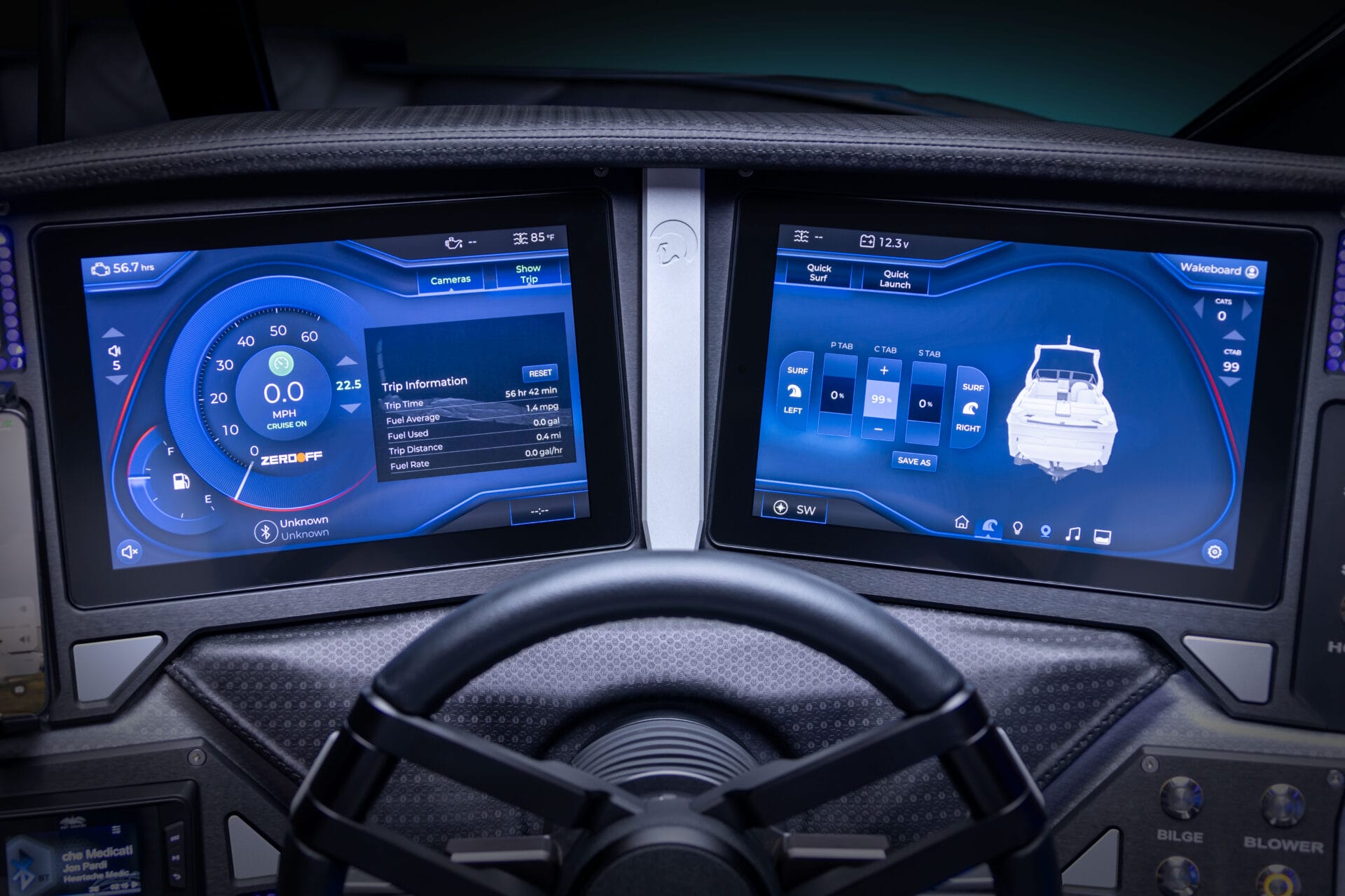 Close-up of a car dashboard featuring two digital displays, showing speedometer data and a boat-related navigation screen—perfect for those looking to Customize My Ride. Steering wheel and dashboard controls are visible.