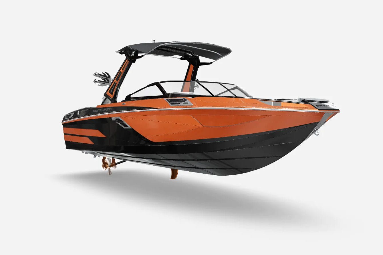 An orange and black wakesurf boat on a white background.