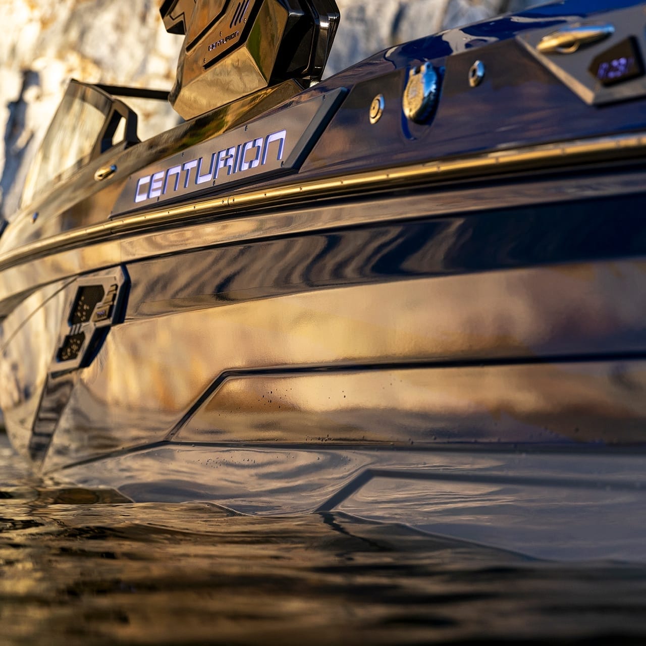 Close-up of a sleek, shiny boat labeled 