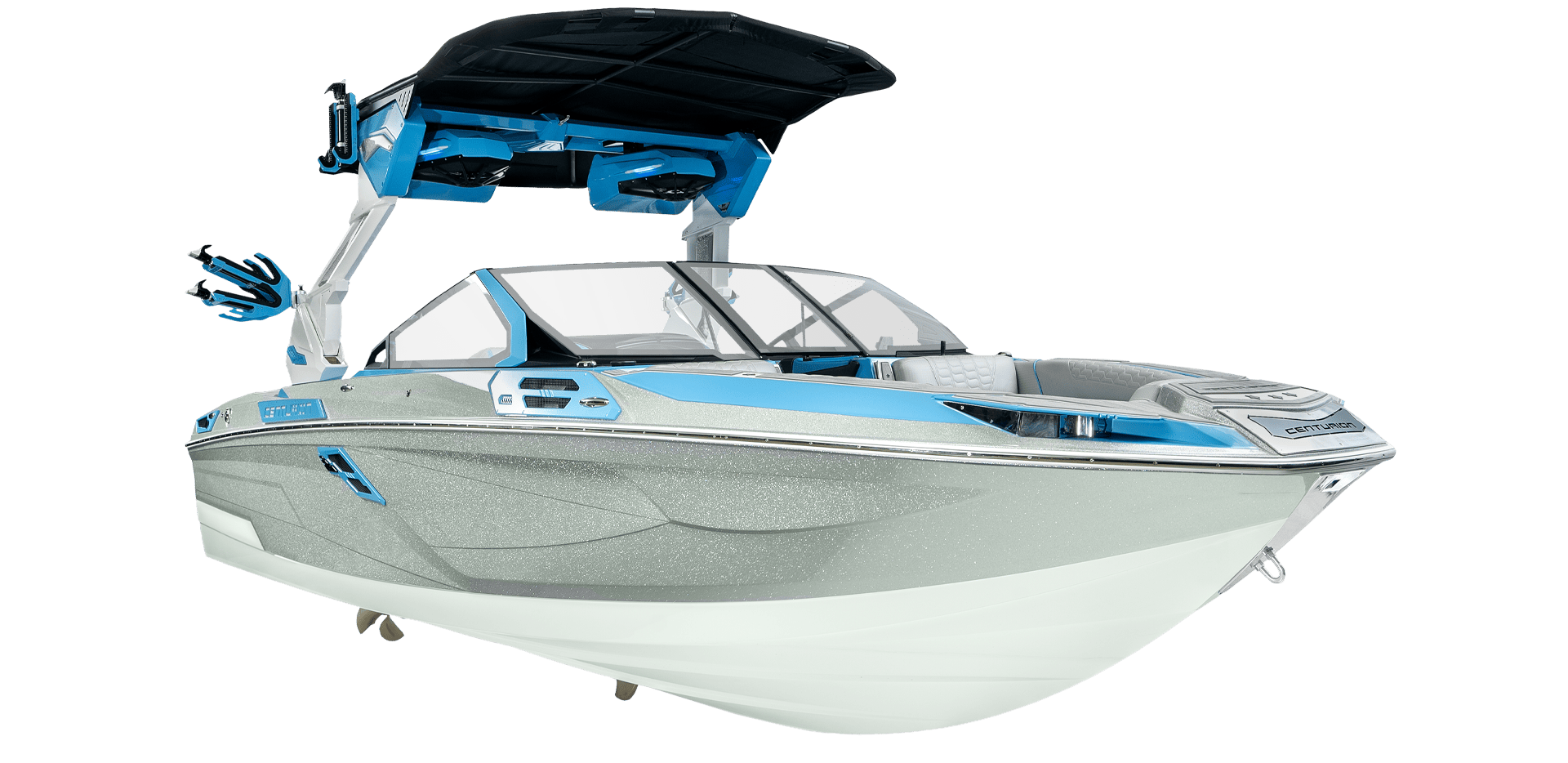 A sleek, modern Centurion Ri245 speedboat with a blue and white color scheme, equipped with a wakeboard tower and a spacious seating area.