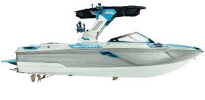 A modern Centurion Ri245 wakeboard boat with a grey and blue color scheme, featuring a sleek design, multiple seats, and a wakeboard tower equipped with speakers.