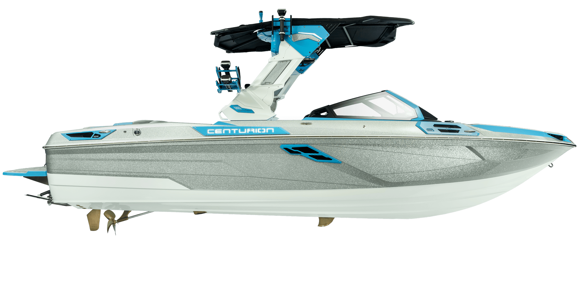 A modern Centurion Ri245 wakeboard boat with a grey and blue color scheme, featuring a sleek design, multiple seats, and a wakeboard tower equipped with speakers.