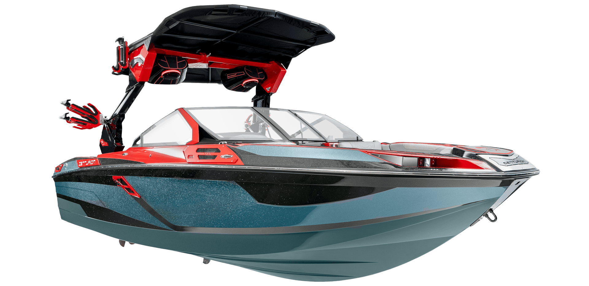 A sleek, modern Centurion Ri265 motorboat with black, red, and blue accents. The boat features a black canopy, glass windshield, and mounted speakers.