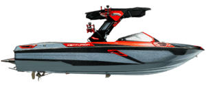 A red and grey Centurion Ri265 speedboat with black accents, a tower, and wakeboard racks, shown from the side.