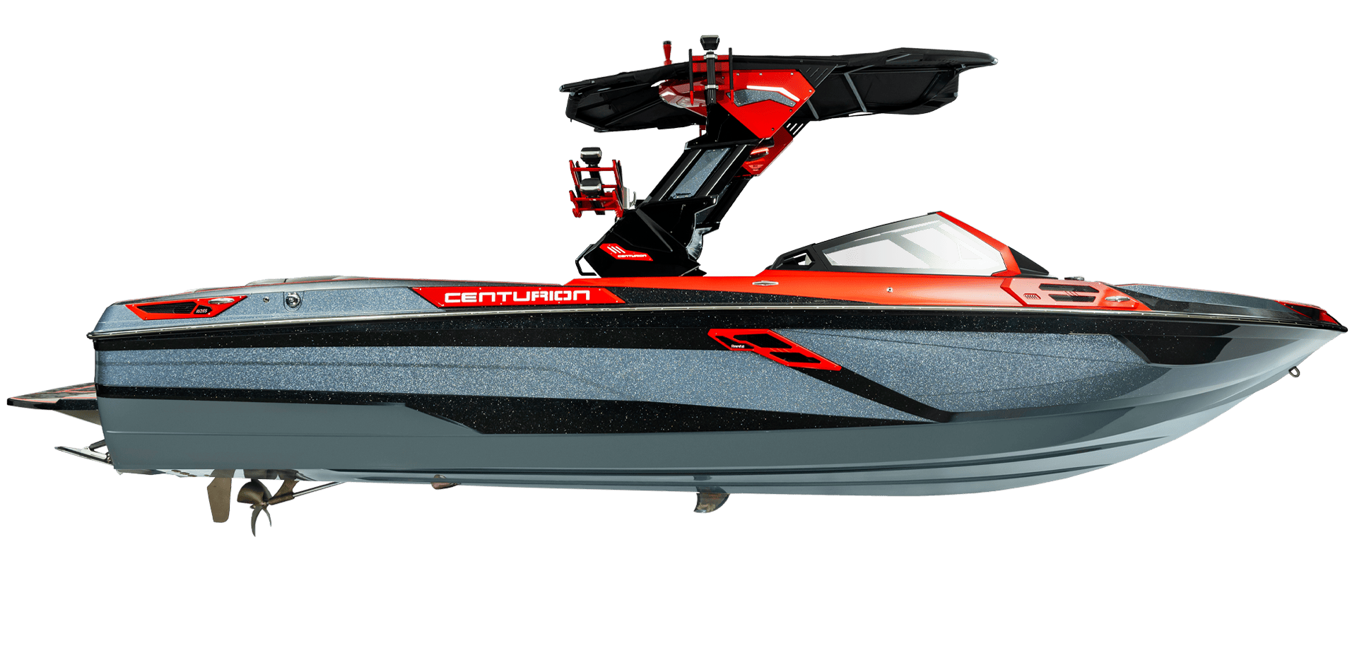 A red and grey Centurion Ri265 speedboat with black accents, a tower, and wakeboard racks, shown from the side.