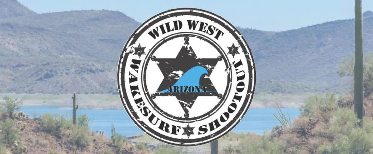 The logo for the Wild West scuba show featuring a wakesurf boat.