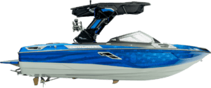 A blue and gray Centurion Ri Series with a sleek design, featuring a black tower and a streamlined hull, displayed on a white background.