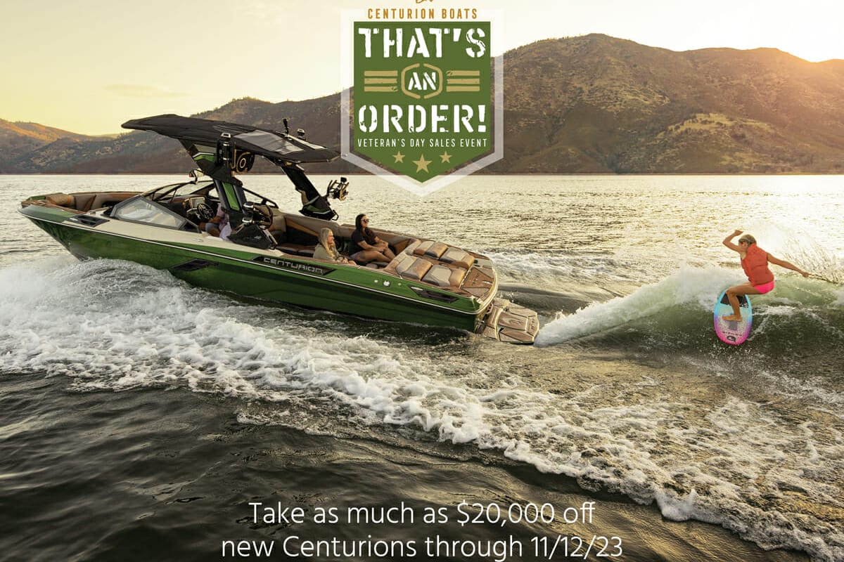 That’s An Order! Centurion Veteran’s Day Sales Event promo with boat and surfer