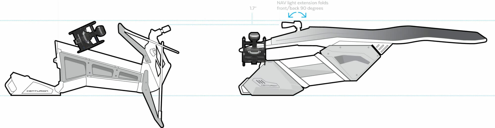 A drawing of a spacecraft with a wing and a tail, resembling a wakesurf boat.