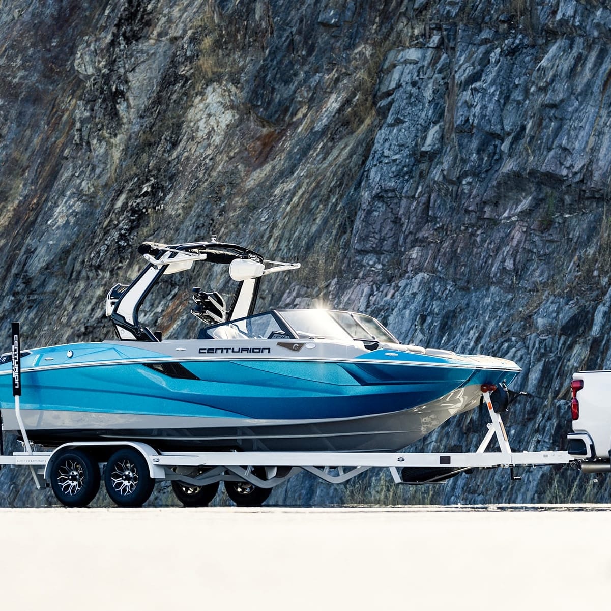 A blue boat with the name 