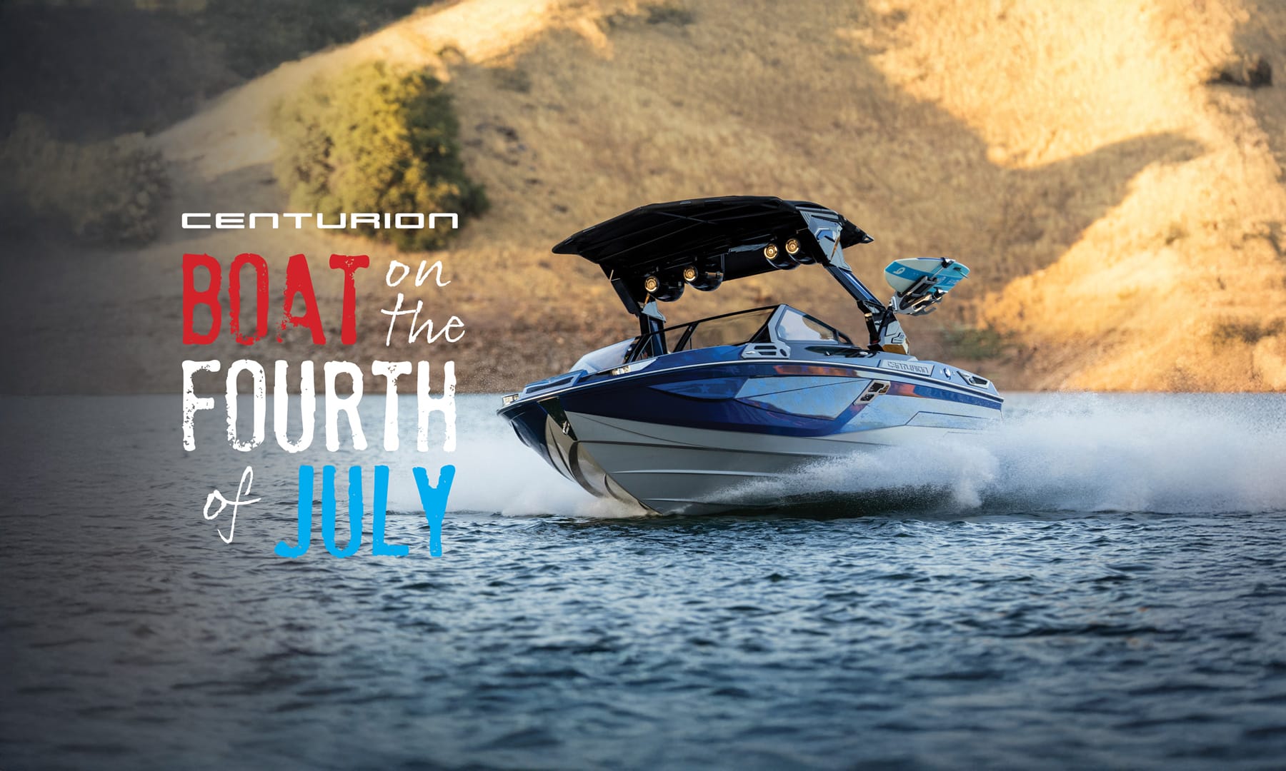 A blue and white speedboat moves quickly across a lake with hills in the background. Text reads, 