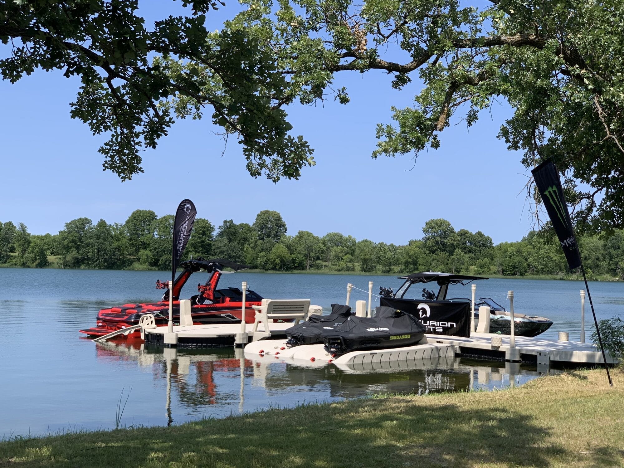 Three boats are docked at a lake shore under a sunny sky. The scene is framed by overhanging tree branches and green grass in the foreground.