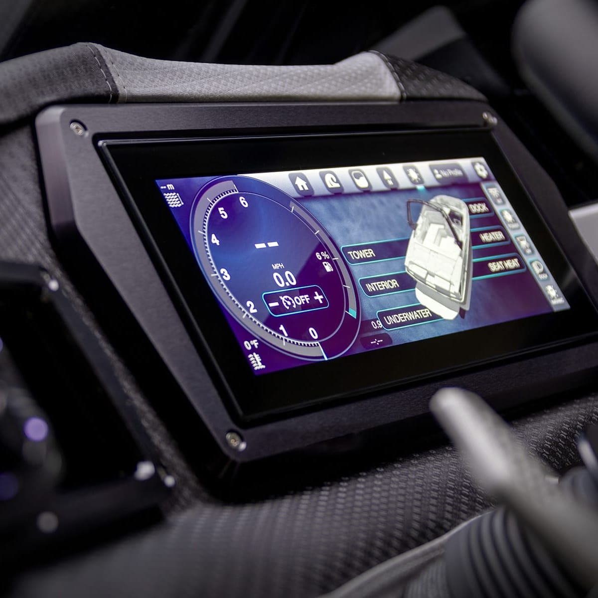 Close-up of a vehicle's digital dashboard displaying a speedometer, various control options, and a map interface.