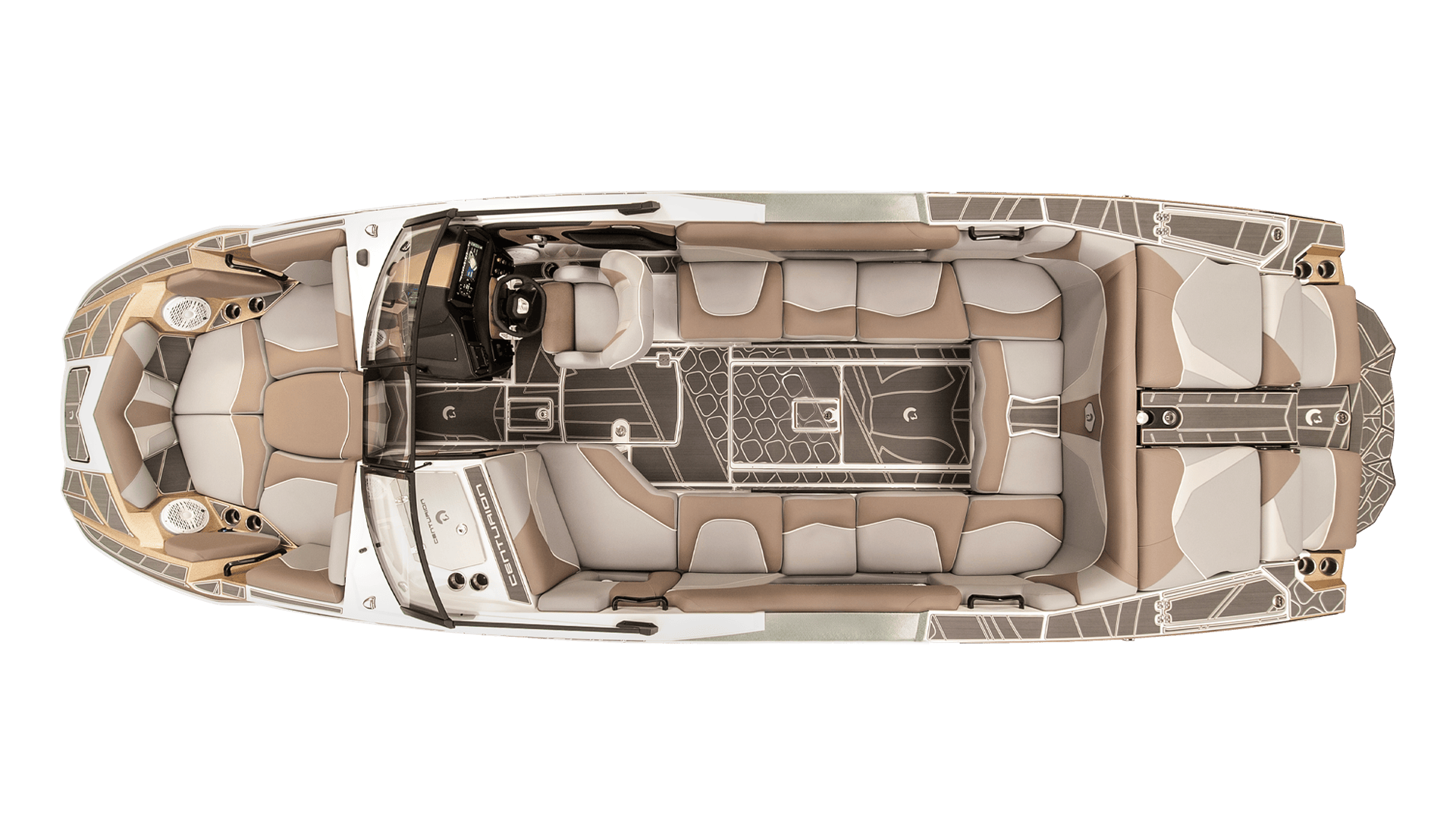 Top view of a luxury Centurion wakeboats' seating area, with multiple cushioned seats arranged in a U-shaped pattern, surrounding a central walkway and control console.