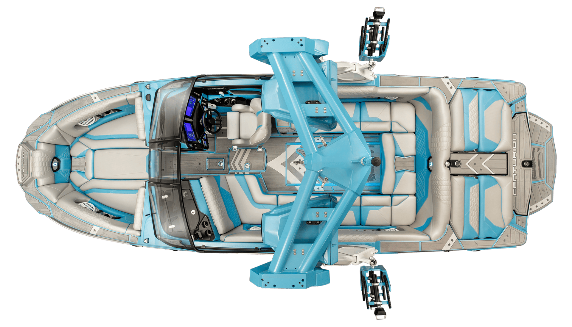 Top-down view of a modern, blue and gray Centurion wakeboard boat featuring comfortable seating, a sophisticated control console, and a robust wakeboard tower.