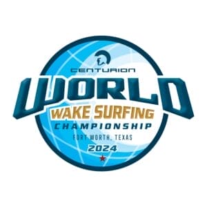 Logo for the 2024 Centurion World Wake Surfing Championship in Fort Worth, Texas, featuring bold blue and gold text with a circular design and a red star.