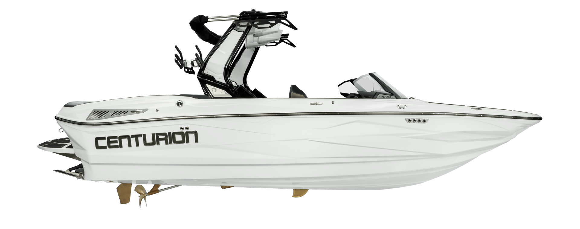 A white Centurion Nv Series boat with a sleek design, wake tower, and windshield, viewed from the side against a plain background.