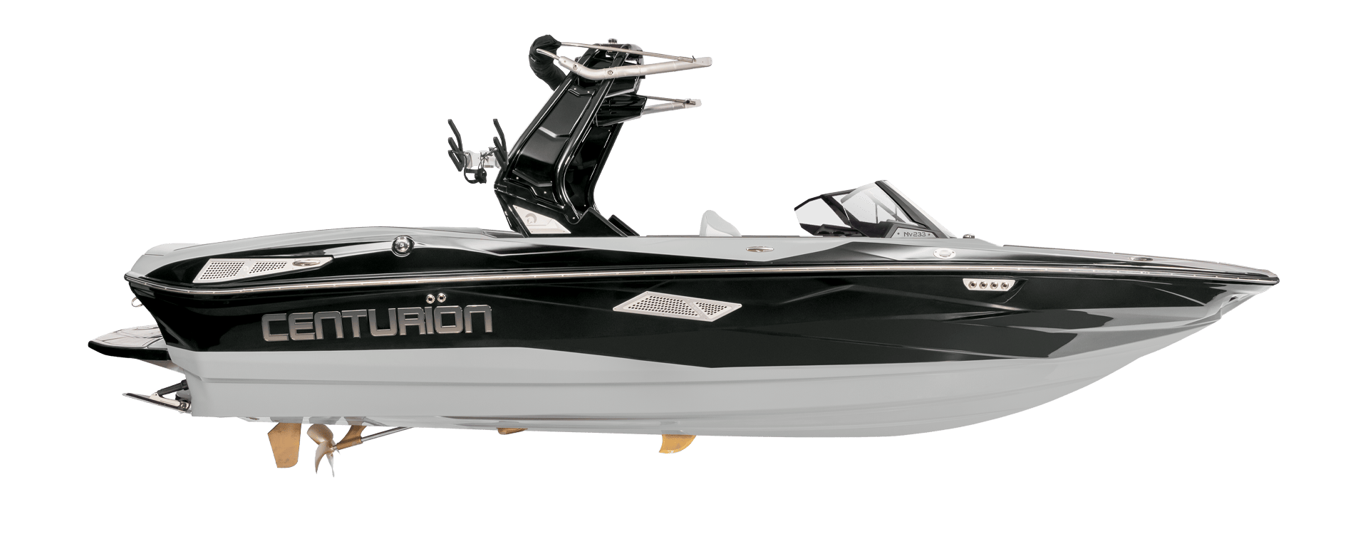 Black and silver speedboat with a sleek design, labeled 