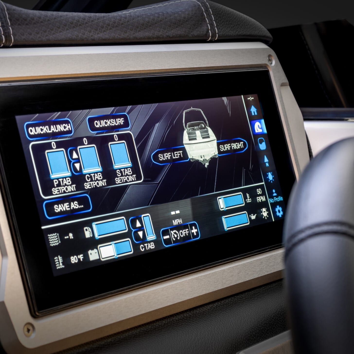 Close-up of a touchscreen boat control panel displaying various settings for surf-related features, such as Quicklaunch, Quicksurf, and speed adjustments. Steering wheel in the foreground.