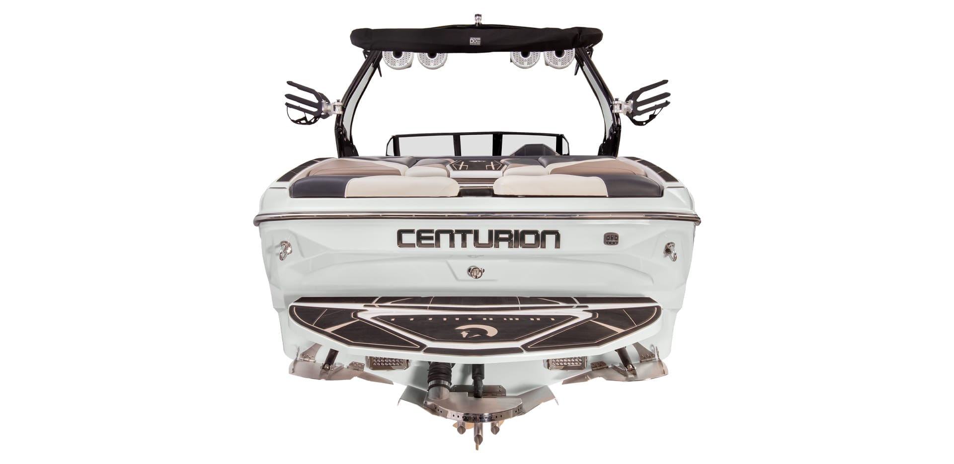 The image showcases the rear view of a white Centurion Nv213 boat, complete with a wakeboard tower and a platform.