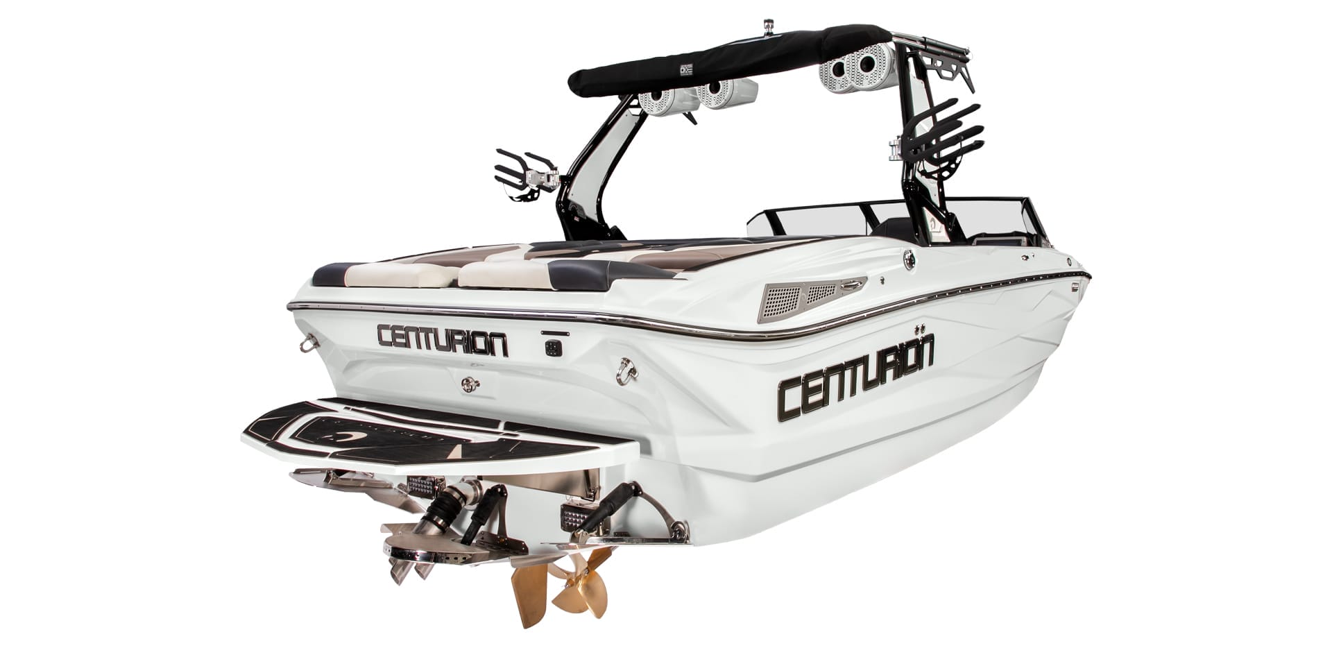 The sleek White Centurion speedboat, specifically the Nv213 model, boasts black accents and offers a stunning rear view. It's equipped with versatile wakeboard racks, powerful speakers, and a durable bronze propeller for an exhilarating experience on the water.