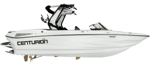 The White Centurion Nv213 speedboat sits on a plain background, showcasing its sleek design and modern accessories.