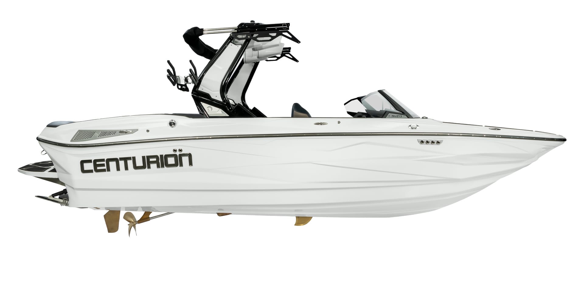 The White Centurion Nv213 speedboat sits on a plain background, showcasing its sleek design and modern accessories.