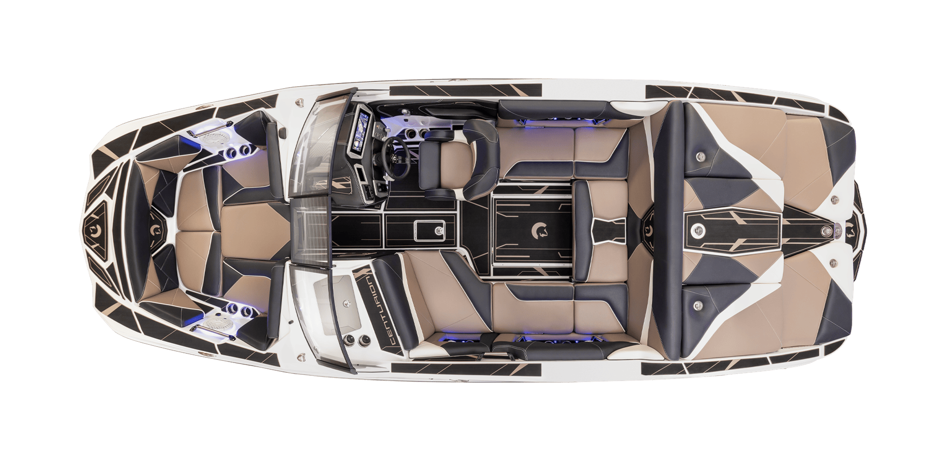 Overhead view of a sleek, modern Centurion Boat interior with beige and black cushioned seating, a steering console, and cupholders, showcasing the elegance of 2024 models.