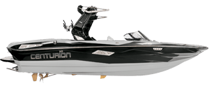 A black and gray Centurion Nv233 towboat with a sleek design and a wakeboard tower, viewed from the side.