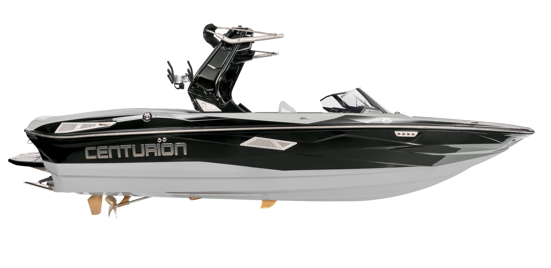 A black and gray Centurion Nv233 towboat with a sleek design and a wakeboard tower, viewed from the side.