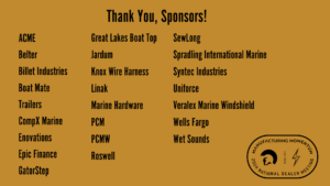 A thank you message to sponsors with a list of company names. The image features a Manufacturing Momentum logo for the 2023 National Dealer Meeting.