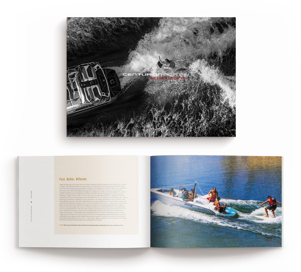 Aerial view of a wakeboarder performing tricks next to a boat on a turbulent surface in the top image. Below, three people enjoy a speedboat ride on calm water. Discover Centurion Boats as they deliver exhilarating experiences—download the Centurion catalog today.