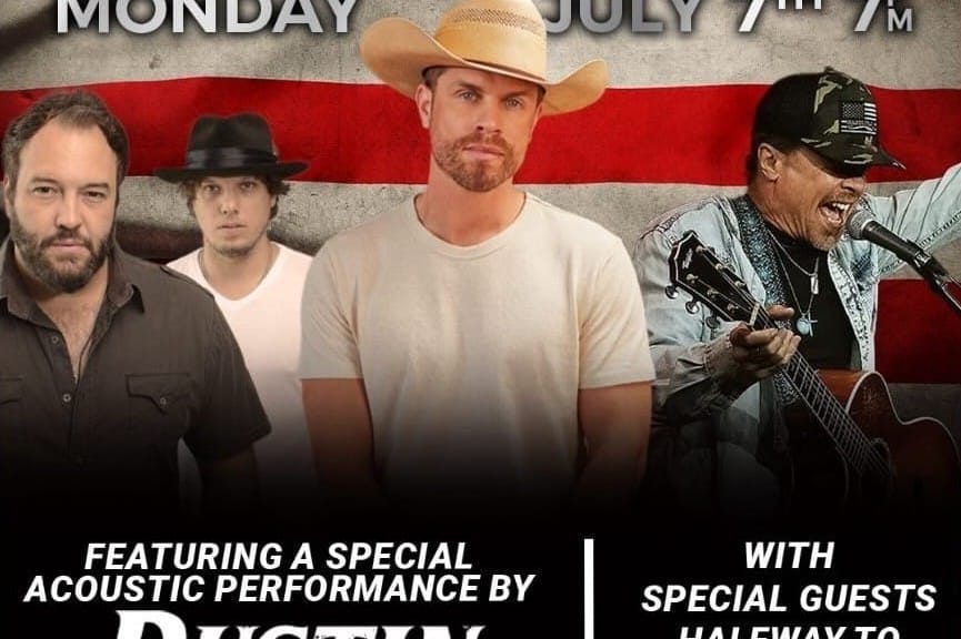 Promotional poster for the Salute 2 Service Concert, rescheduled to July 7th, featuring Justin Lynch and special guests at the Nashville Palace.